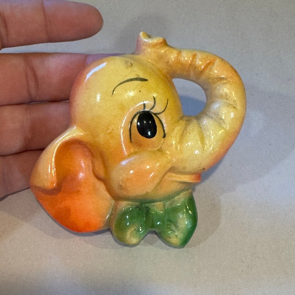 Vintage 50's Chalkware Elephant Head Wall Plaque Yellow Orange Green Bow